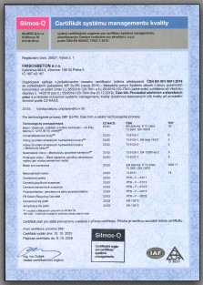Certifikát systému managementu kvality dle ČSN EN ISO 9001:2016